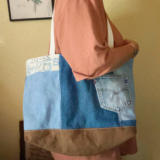 Vintage Denim and Canvas Tote Bag