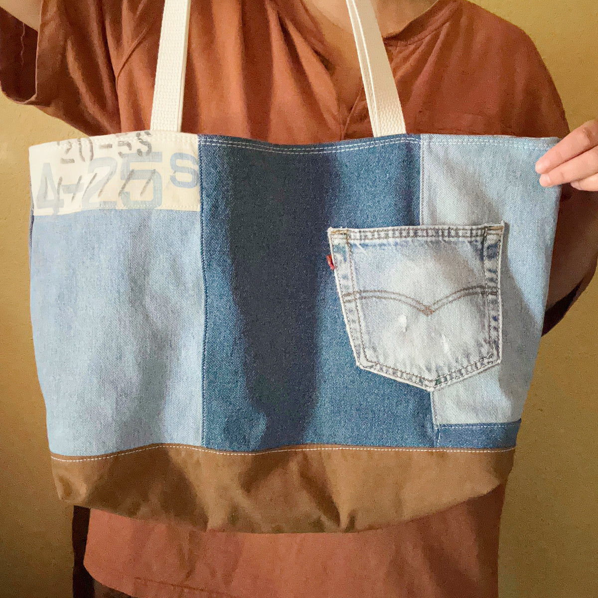 Vintage Denim and Canvas Tote Bag